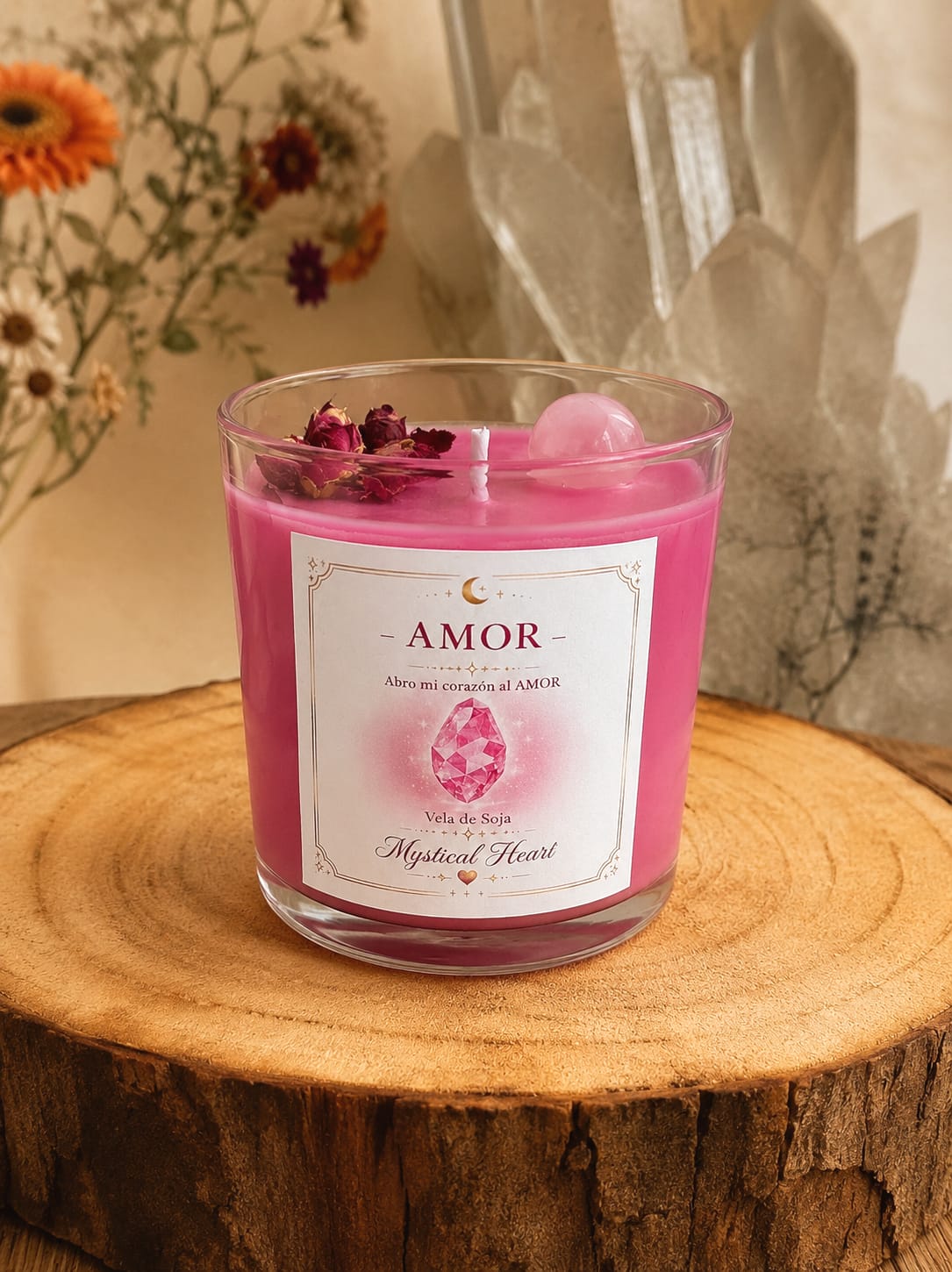 🌷 Vela  Amor con Cuarzo Rosa